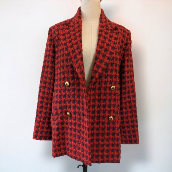Vintage Houndstooth Boucle Tweed Double Breasted Blazer Preppy Maximalist - Picture 2 of 14